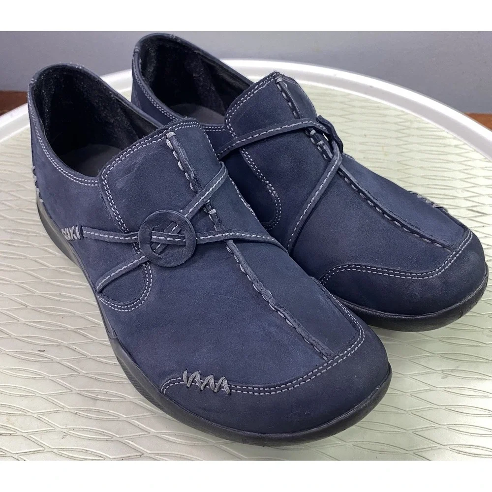 Clarks Wave Womens Suede Leather Slip-on Loafers Comfort Shoes Navy Blue Sz.7 M‎